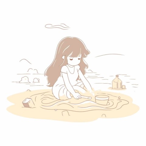 Little girl playing with sand on the beach. Hand drawn vector il