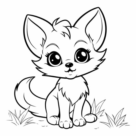 Cute little fox sitting on the grass for coloring book.