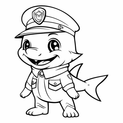 Black and White Cartoon Illustration of Cute Little Fish Captain