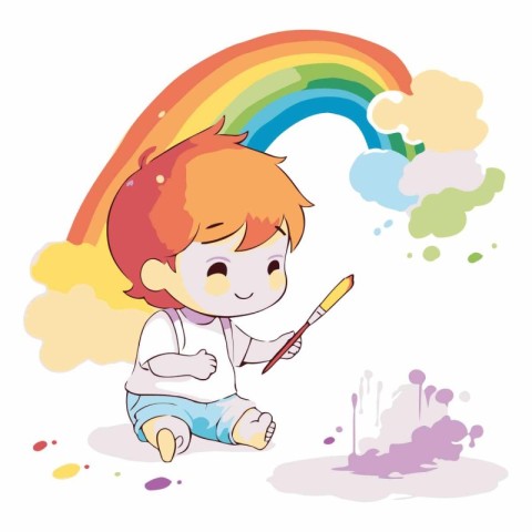 Boy painting with paintbrush and colorful rainbow. Cute vector i