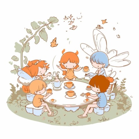 Cute little fairies sitting at the table and drinking coffee.