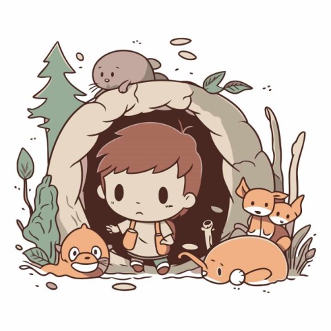 Cute little boy in a cave with animals.