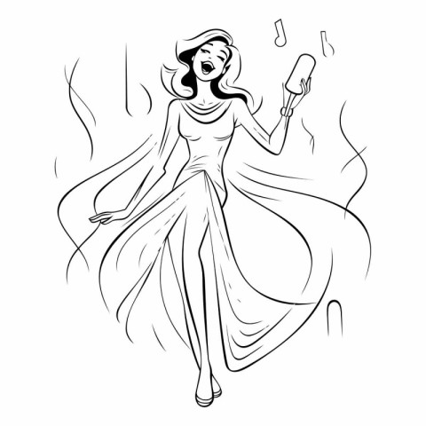 sketch of a beautiful girl in a long dress with a microphone