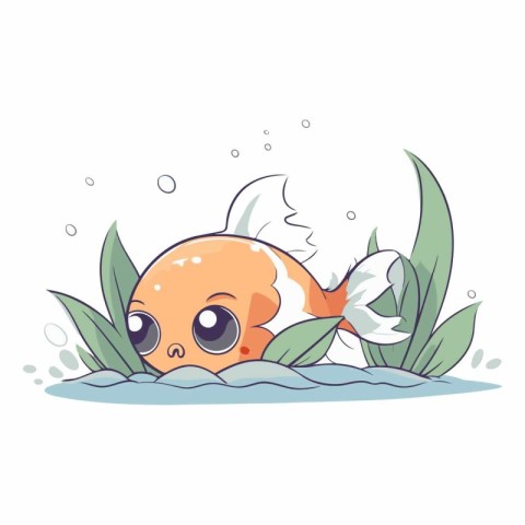 Cute cartoon goldfish swimming in the sea.