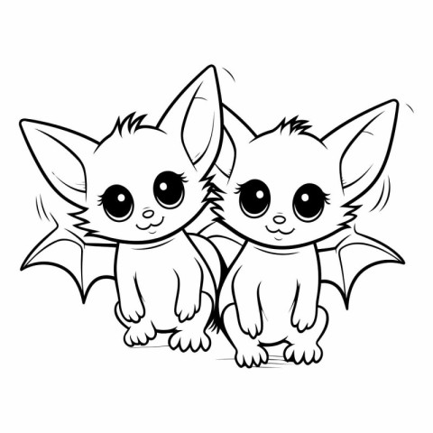 Cute cartoon cat and bat isolated on white background.