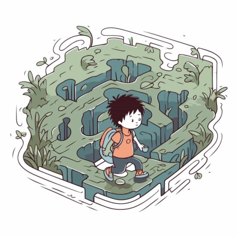 Illustration of a little boy sitting on a bench in the park