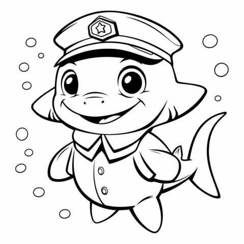 Black and White Cartoon Illustration of Cute Little Fish Police