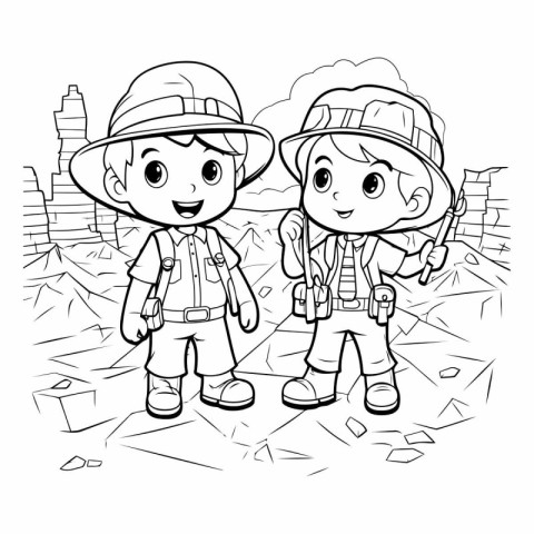 Coloring Page Outline Of a Little Boy and a Girl Hiking