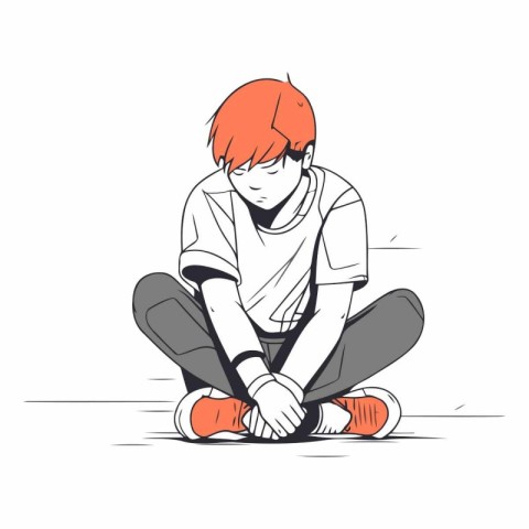 Sad boy sitting on the floor in sketch style.