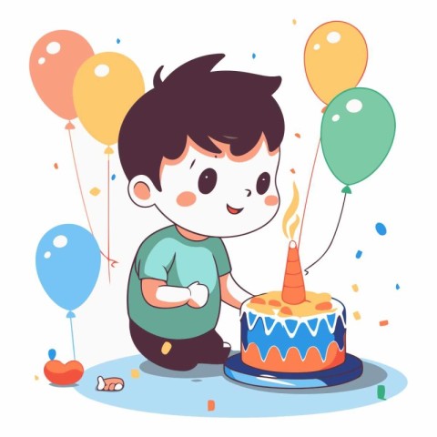 Cute boy with birthday cake and balloons in cartoon style.