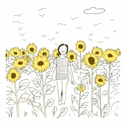 Girl with sunflowers in hand drawn style.