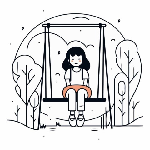 Girl sitting on swing in park in linear style.