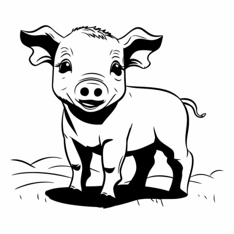 Black and white illustration of a pig standing in a mud pit.