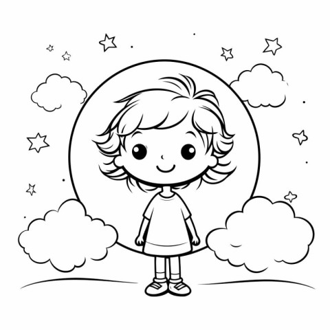 Black and White Cartoon Illustration of Cute Little Girl or Kid