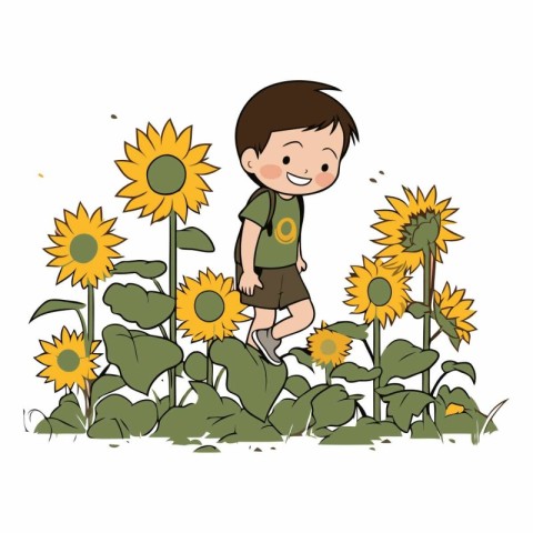 little boy with sunflowers over white background. colorful desig