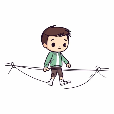 Cute little boy walking on a rope in cartoon style.