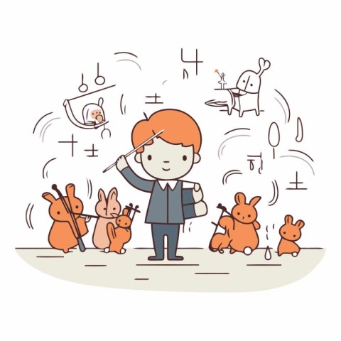 Little boy playing with dogs and cats. flat design