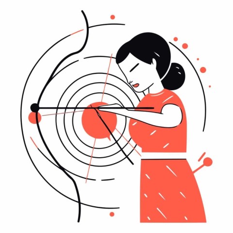 Woman aiming with a bow at target in flat style.