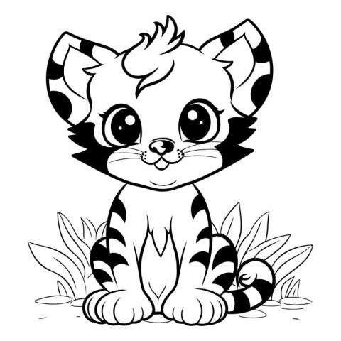 Black and White Cartoon Illustration of Cute Wild Cat Animal Cha