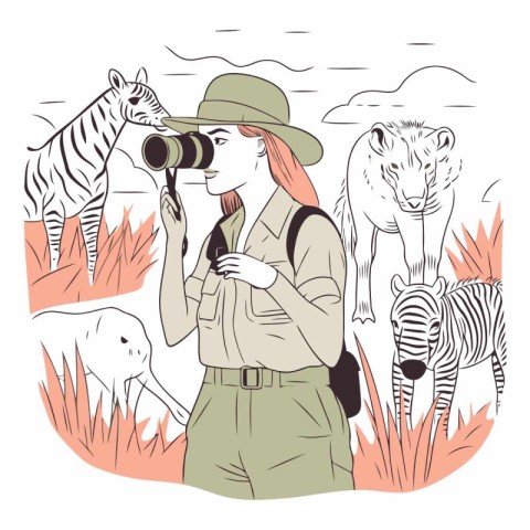 Vector illustration of a tourist with binoculars and zebra.