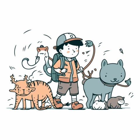 Cute boy scout with cat and dog. Vector hand drawn illustration.