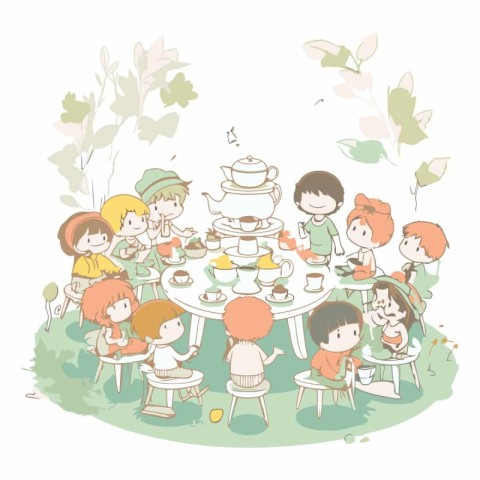 Illustration of kids having tea party in the garden