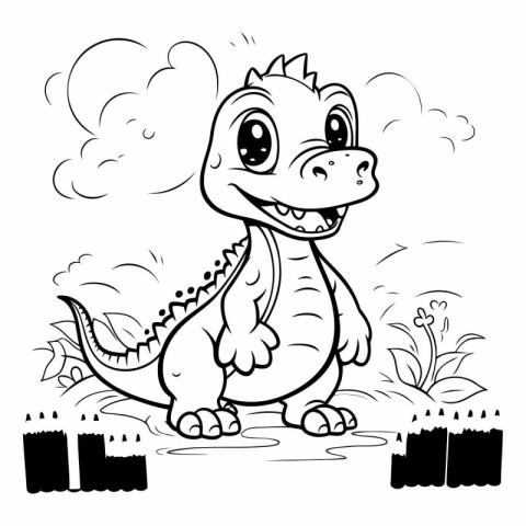 Black and White Cartoon Illustration of Cute Dinosaur Animal Cha