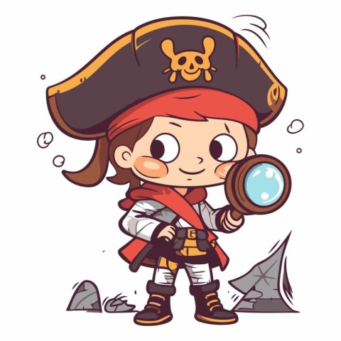 Cute little pirate girl with magnifying glass.