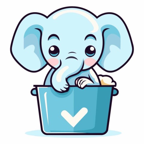 Cute baby elephant sitting in a pot with check mark.