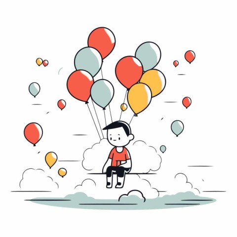 Cute little boy flying in the sky with balloons.