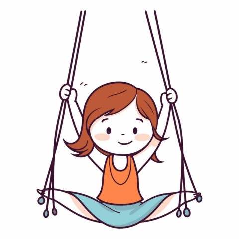 Little girl swinging on a swing in cartoon style.