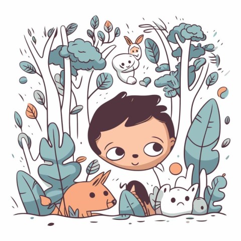 Cute little boy and animals in the forest.