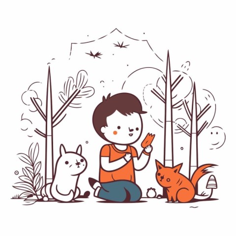 Cute little boy playing with animals in the park