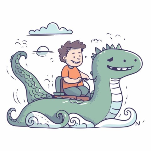 Vector illustration of a boy sitting on a big green sea monster.