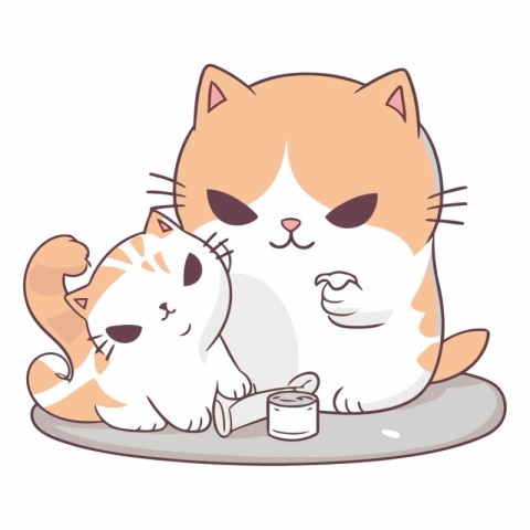 Cat and cat eating food on a white background.