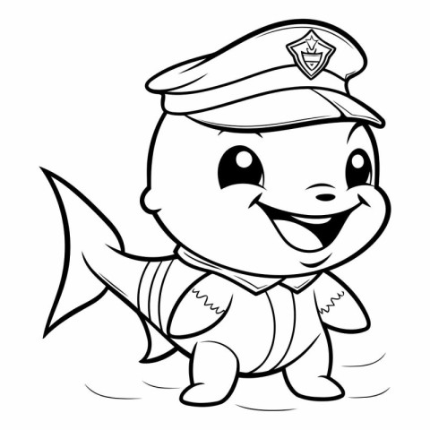 Black and White Cartoon Illustration of Cute Little Fish Policem