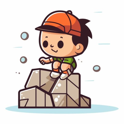 Little boy climbing on the rock. Cute character vector illustrat