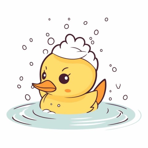 Cute cartoon duckling swimming in the water.