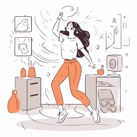 Funny girl dancing in the room in sketch style.