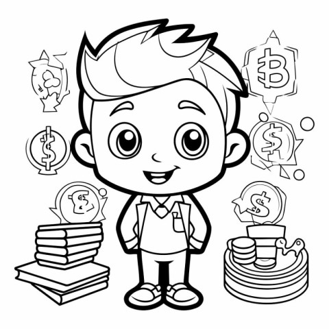 Black and White Cartoon Illustration of a Kid Boy Student with M