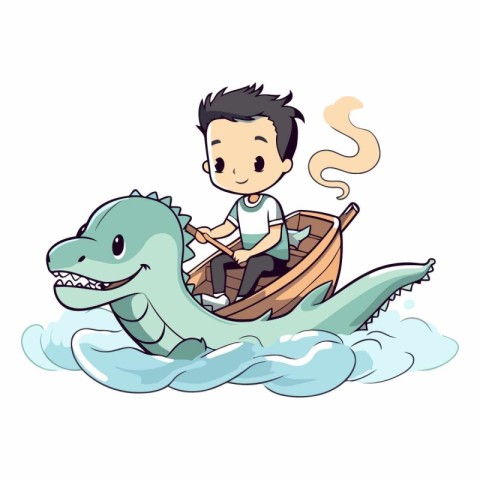 Cute boy riding a dragon boat on white background.