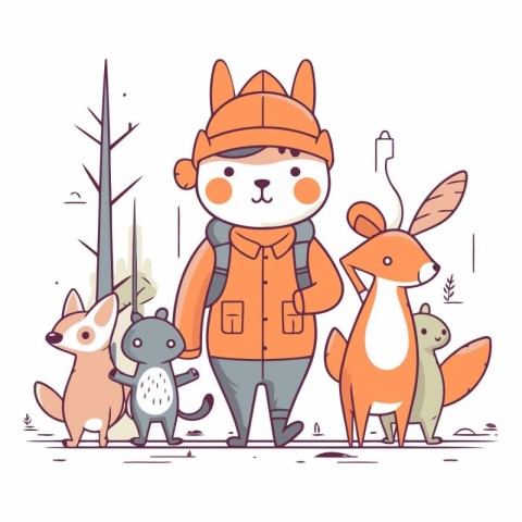 Cute cartoon foxes and squirrels in winter clothes