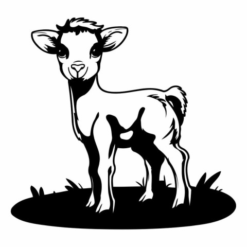 Black and white illustration of a goat standing on the grass on