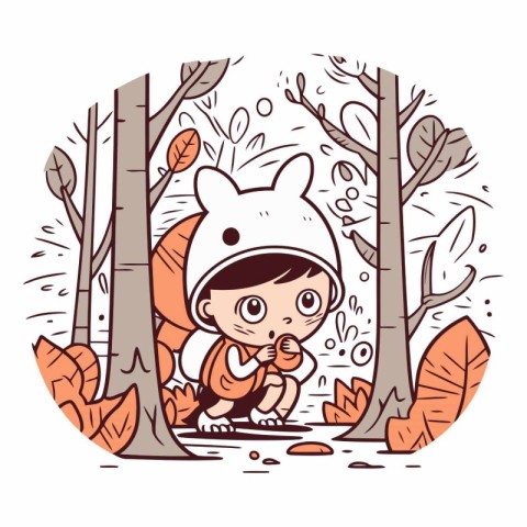 Cute little boy playing in the autumn forest.