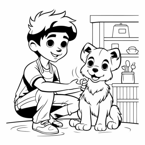 Boy with dog. Black and white vector illustration for coloring b