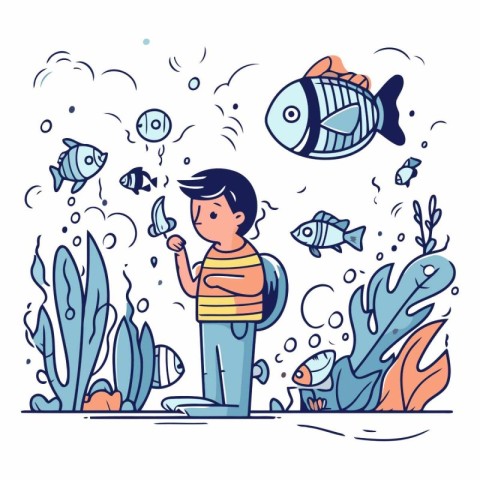 Vector illustration of a boy looking at the fish in the sea.