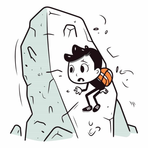 Young man climbing on a rock in a cartoon style