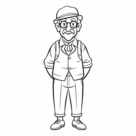 Outline illustration of an old man in a hat and glasses.