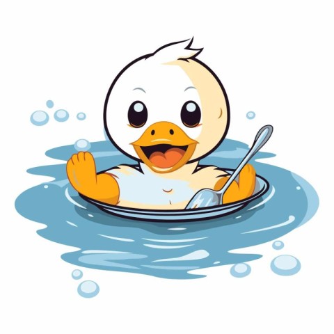 Cute duck swimming in the water on white background.