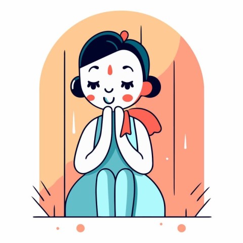 Cute cartoon girl sitting and praying in flat style.